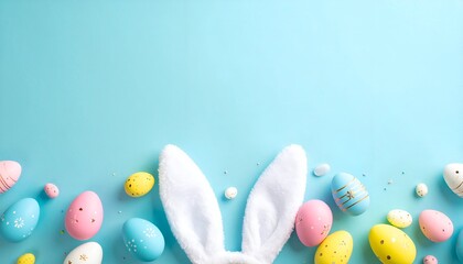 Colorful Easter eggs scattered on a blue background with fluffy bunny ears peeking from the bottom