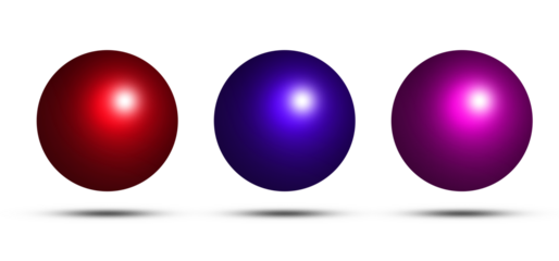 Three colorful glossy spheres red purple and pink showcasing smooth shading and specular highlights on a transparent checkered background
