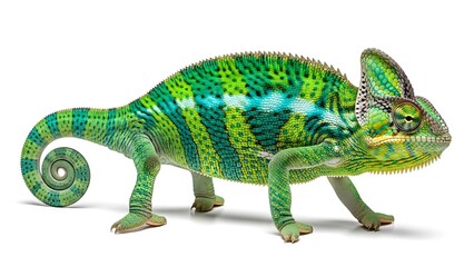 Naklejka premium Spectacularly Colorful Chameleon Isolated on White: Detailed Studio Close-up of Exotic Reptile Featuring Vibrant Green and Turquoise Scales, Perfect for Design & Wildlife Concepts