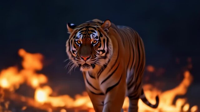 A majestic tiger confidently strides forward, flames raging below a twilight sky