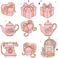 Adobe Cute Pink and Gold Valentine's Day Illustration Set with Gifts, Teapots, and Vintage PhoneArtwork