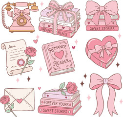 Cute "Romance Reader" Illustration Set with Pink Books, Vintage Phone, and Bows