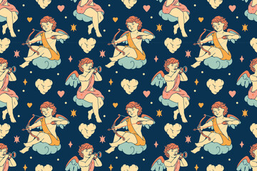 A mysterious fairytail seamless night pattern with Cupids, hearts, and stars. A dreamy and romantic background.