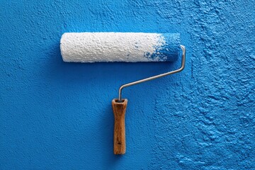 A paint roller is captured in a dynamic close-up, actively applying a fresh coat of vibrant blue paint to a roughly textured wall surface. The roller's white fibers are partially covered in the rich b
