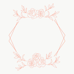 Obraz premium Floral polygon hand drawn style. Floral brown frame of twigs, leaves and flowers. Frames for Valentine’s Day, wedding decor, logo and identity template.