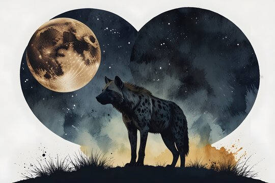 Hyena cackle silhouette against a full moon sky