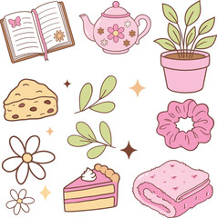 Cute Self-Care and Cozy Home Aesthetic Illustration Set with Pink Elements