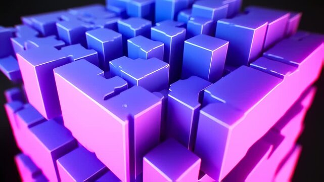 Abstract 3D rendering featuring blue-purple blocks of varying heights, illuminated with bright neon edges