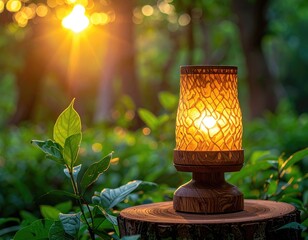 Glowing lamp atop a tree stump outdoors