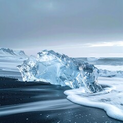 Iceberg fragment on black sand beach