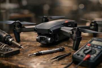 Obraz premium Dynamic drone on workbench with tools. Modern technology showcases creativity and precision. Image highlights innovative design and versatility for various uses.