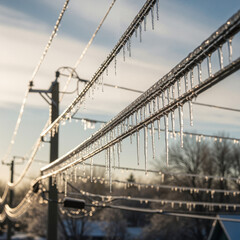 Ice-laden power lines glistening in winter sun against blue sky  
