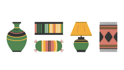 A colorful illustration of home decor items with vibrant patterns and designs