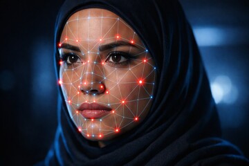 Innovative portrait featuring woman with digital facial recognition technology. Modern technology concept reflects advanced security systems. Quality image ideal for tech, marketing themes.