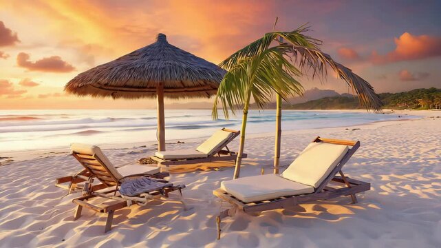 Aerial view of serene beach with palm trees and lounge chairs at sunset