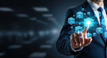 Businessman touching digital blockchain network interface representing connectivity and innovation