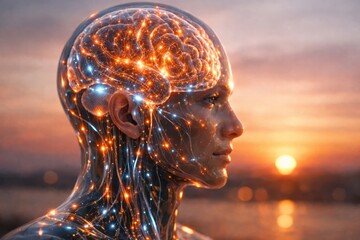 Futuristic human figure with glowing brain in sunset. Concept of artificial intelligence and human potential. This captivating image sparks inspiration and innovation.