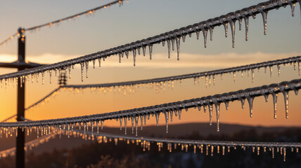 Icicles hanging from power lines at sunset during winter season  