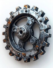 Rusty cogwheel against white backdrop