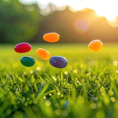 Floating colorful jelly beans outdoors