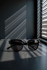 Stylish Black Sunglasses on Table with Dramatic Window Blind Shadows 