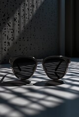 Stylish black sunglasses on white surface with geometric shadow patterns 