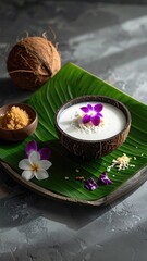 Dessert in coconut shell on leaf