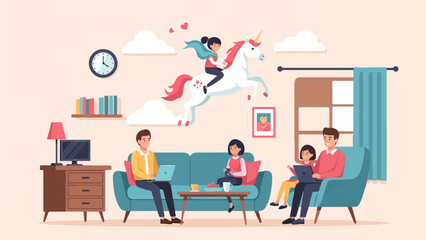 Illustration of a family relaxing at home, while a girl imagines herself as a superhero on a unicorn