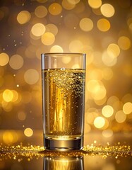 Glass of bubbly drink on golden bokeh