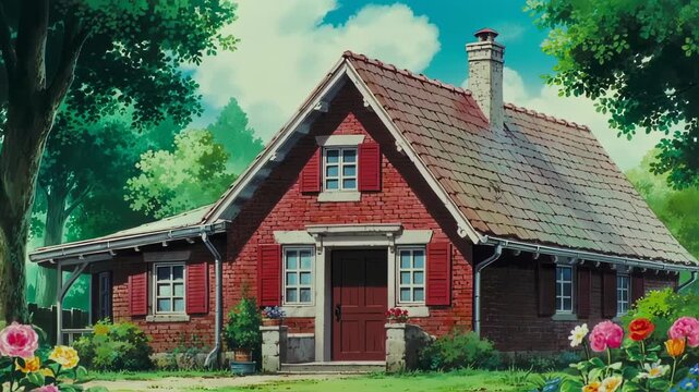 A detailed cartoon illustration features a red brick cottage with a tiled roof, surrounded by lush greenery and flowers