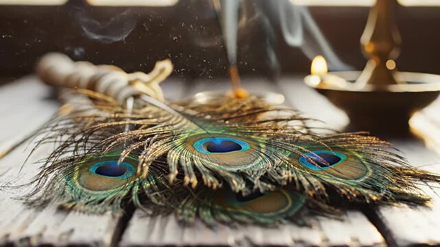 Mahavir Jayanti Jain monk Picchi broom of peacock feathers on wooden table still life