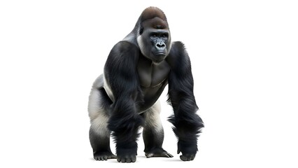 Majestic Silverback Gorilla Standing Isolated on Pure White Background: Powerful African Primate Wildlife, Full-Body View, High-Quality 3D Rendering for Conservation and Nature Projects.