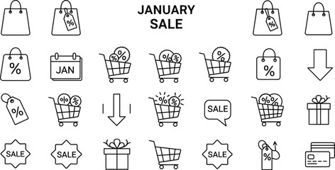 Collection of outline icons representing a January sale event including shopping bags carts tags discounts and payment methods