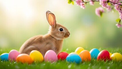 Obraz premium Easter bunny sitting with colorful eggs in grassy field on easter day