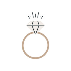 Ring with shining diamond. Concept of wedding, engagement, love. Vector flat hand drawn illustration. White background.	