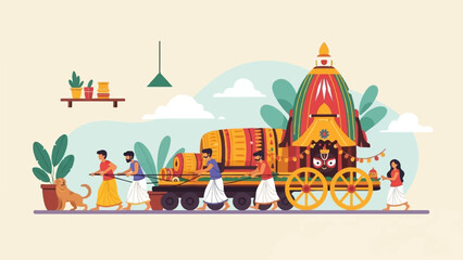Obraz premium Illustration of a vibrant cultural procession with people pulling an ornate, wheeled temple chariot