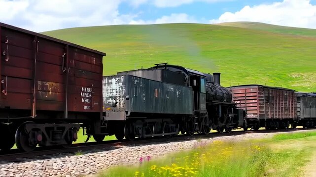 A vintage train, steam billowing, chugs along tracks through a verdant landscape under a bright sky