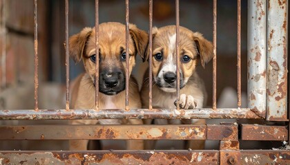 Two adorable puppies behind bars looking.