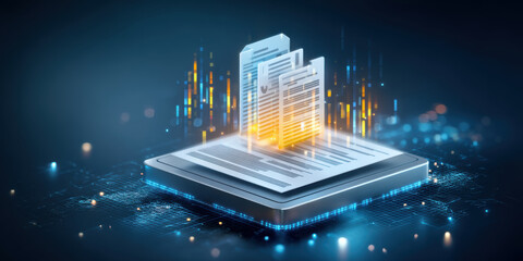 Digital document glowing data transfer concept showing stacked files above scanner emitting warm