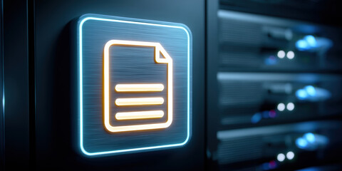 Digital document icon glowing on server panel conveying secure file storage and cloud access