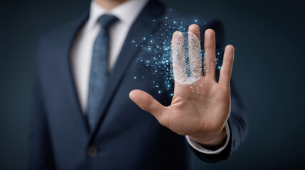 Digital document biometric fingerprint login security concept with businessman and glowing scan