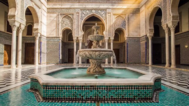 Ornate courtyard with fountain in moroccan riad or palace architecture