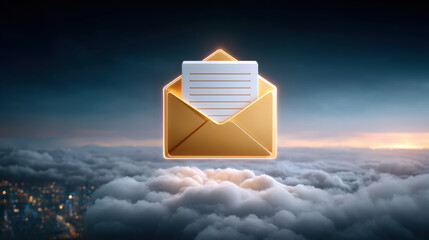 Digital document glowing envelope over cloudscape delivering message with warm light