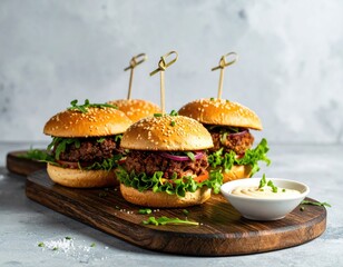 Four burgers on wooden board