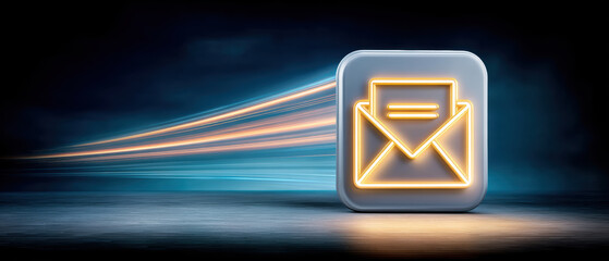 Digital document icon glowing dark background with motion light trails conveying fast