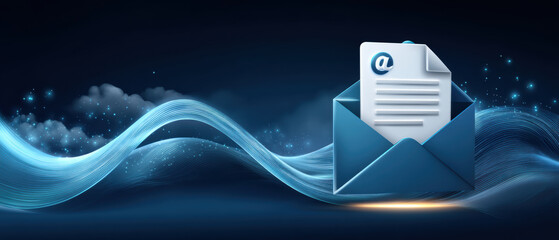 Digital document glowing envelope with flowing data wave and abstract cloud messaging