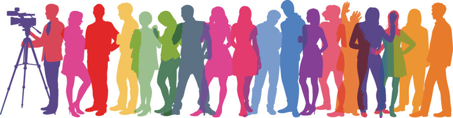 Obraz premium Colorful people silhouette lineup, diversity and inclusion concept, media scene illustration, vibrant crowd design, social unity, white background