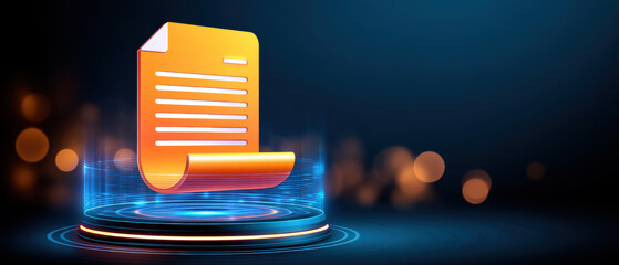 Digital document glowing orange file icon futuristic platform with holographic rings and bokeh