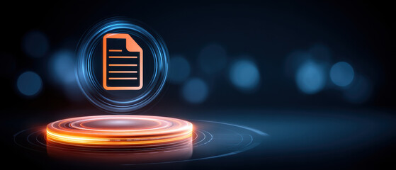 Digital document glowing icon over futuristic platform with blue bokeh and warm light