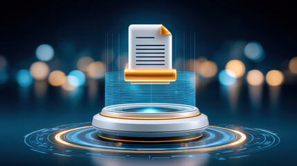 Digital document hovering above futuristic platform glowing with blue and gold light